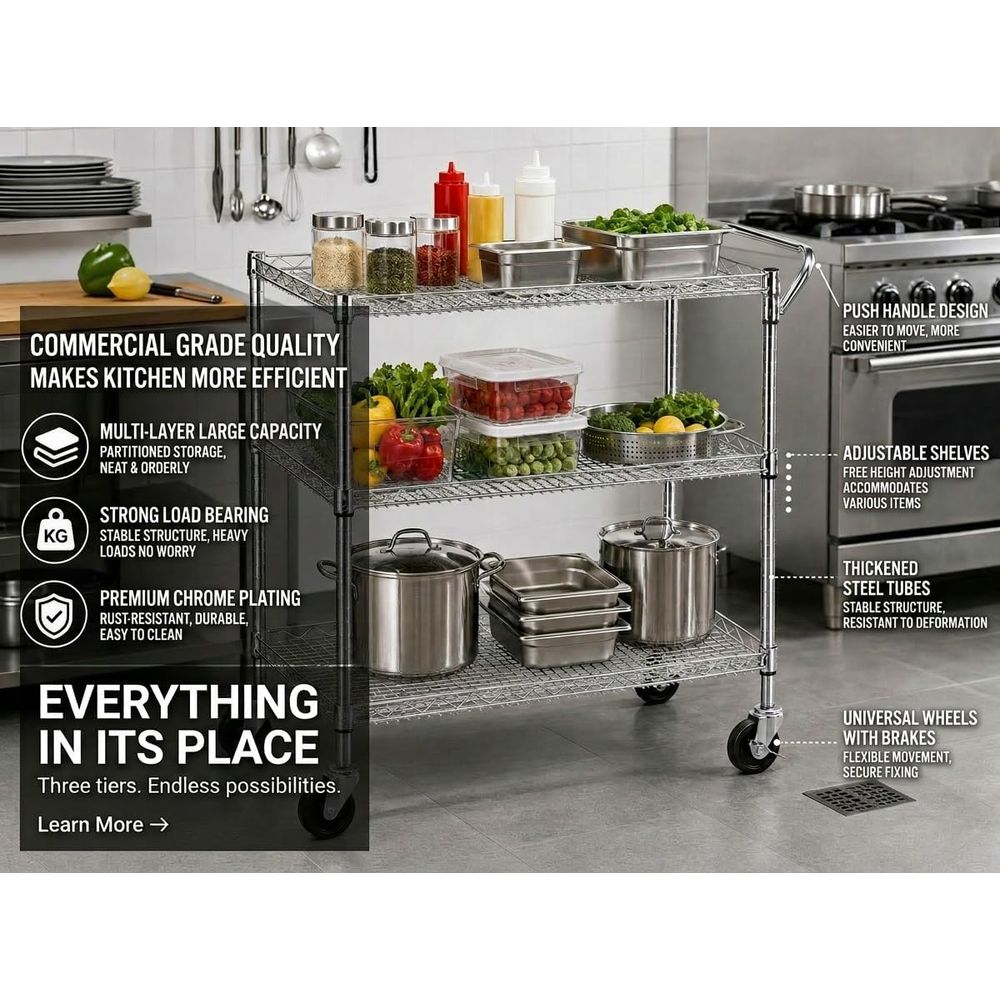 Прочная 3-ярусная кухонная тел – обзор и цена Commercial Kitchen On Wheels